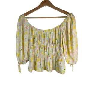 Sophie Rue M Yellow Floral Tiered Puff Sleeve Scoop Neck Crop Top *